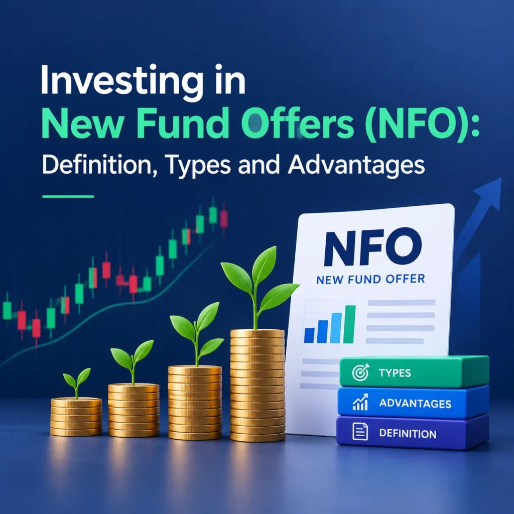 Investing in New Fund Offers (NFO): definition, types, and advantages illustrated with a rising stock market chart, growing plants, and stacks of gold coins.