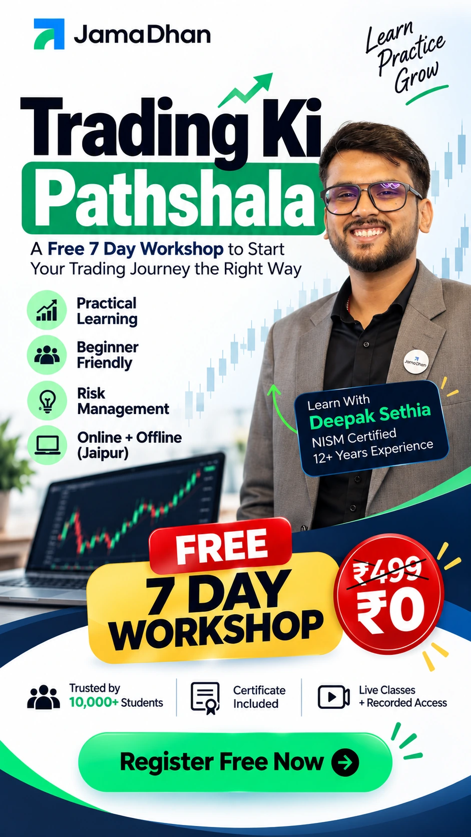 Trading Ki Pathshala free 7-day stock market workshop by JamaDhan with Deepak Sethia, offering practical learning and risk management.