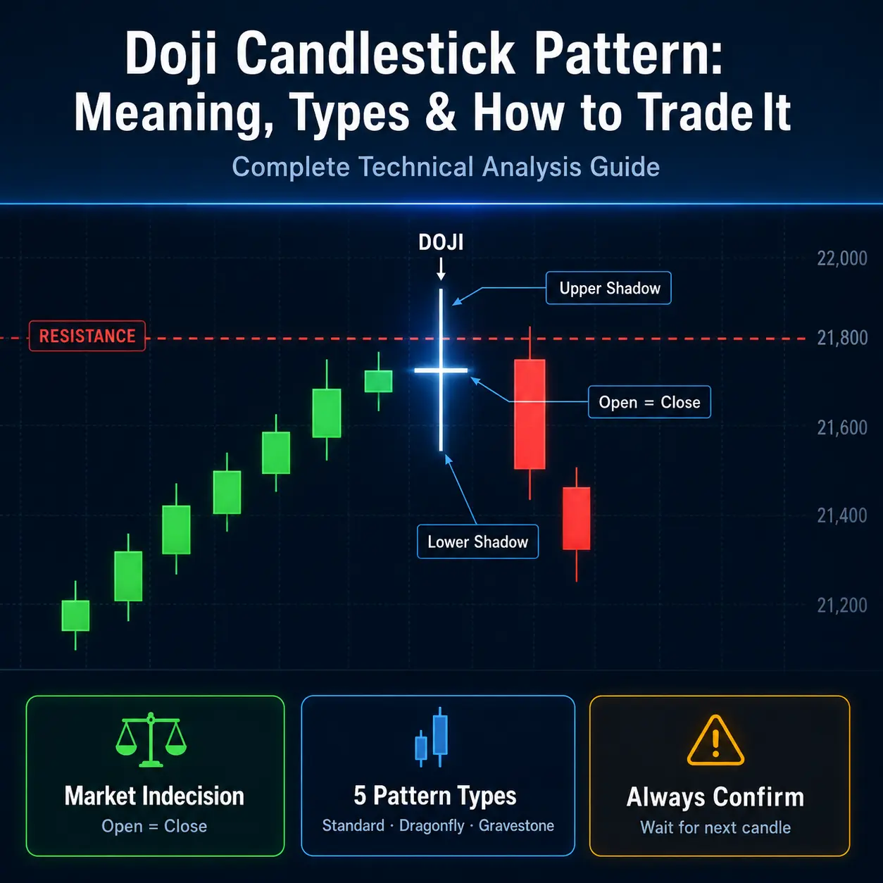 Doji candlestick pattern on a dark financial chart showing market indecision with equal upper and lower wicks