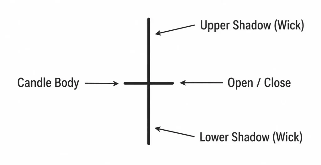 Doji candlestick structure diagram labelling the open, close, upper wick (shadow), lower wick (shadow), and near-zero real body