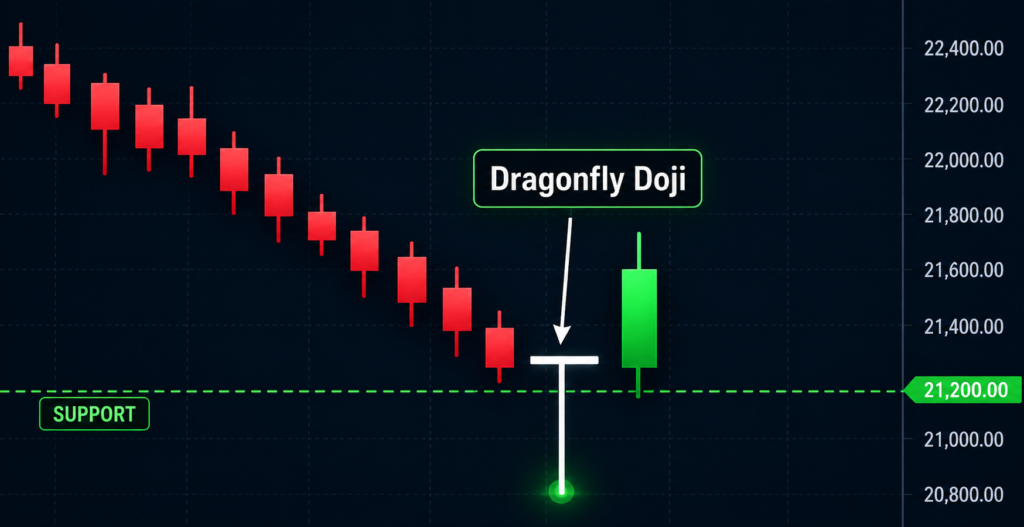 Dragonfly doji candlestick pattern forming at a support level on a daily chart, followed by a bullish confirmation candle showing a potential trend reversal from bearish to bullish