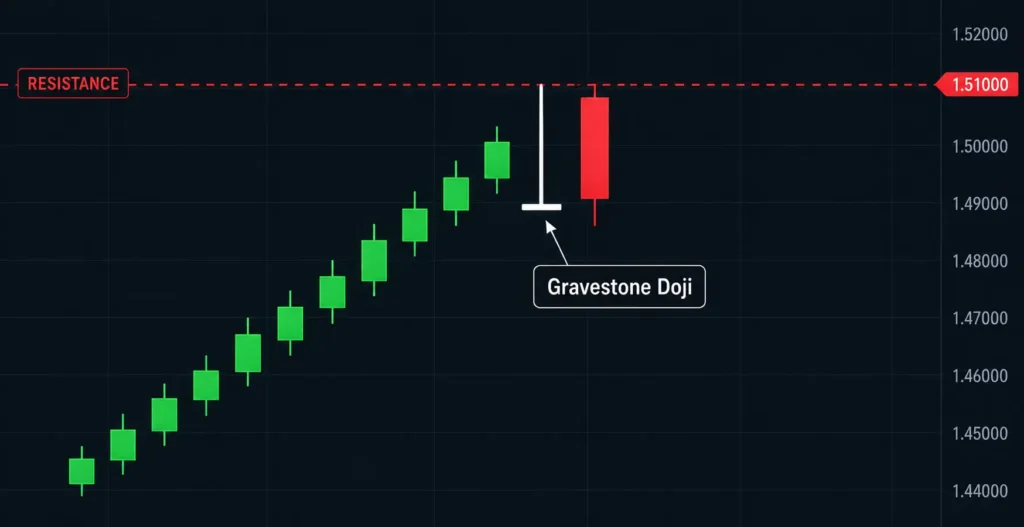 Gravestone doji candlestick pattern forming at a resistance level on a daily chart after an uptrend, followed by a bearish confirmation candle indicating a potential downward reversal