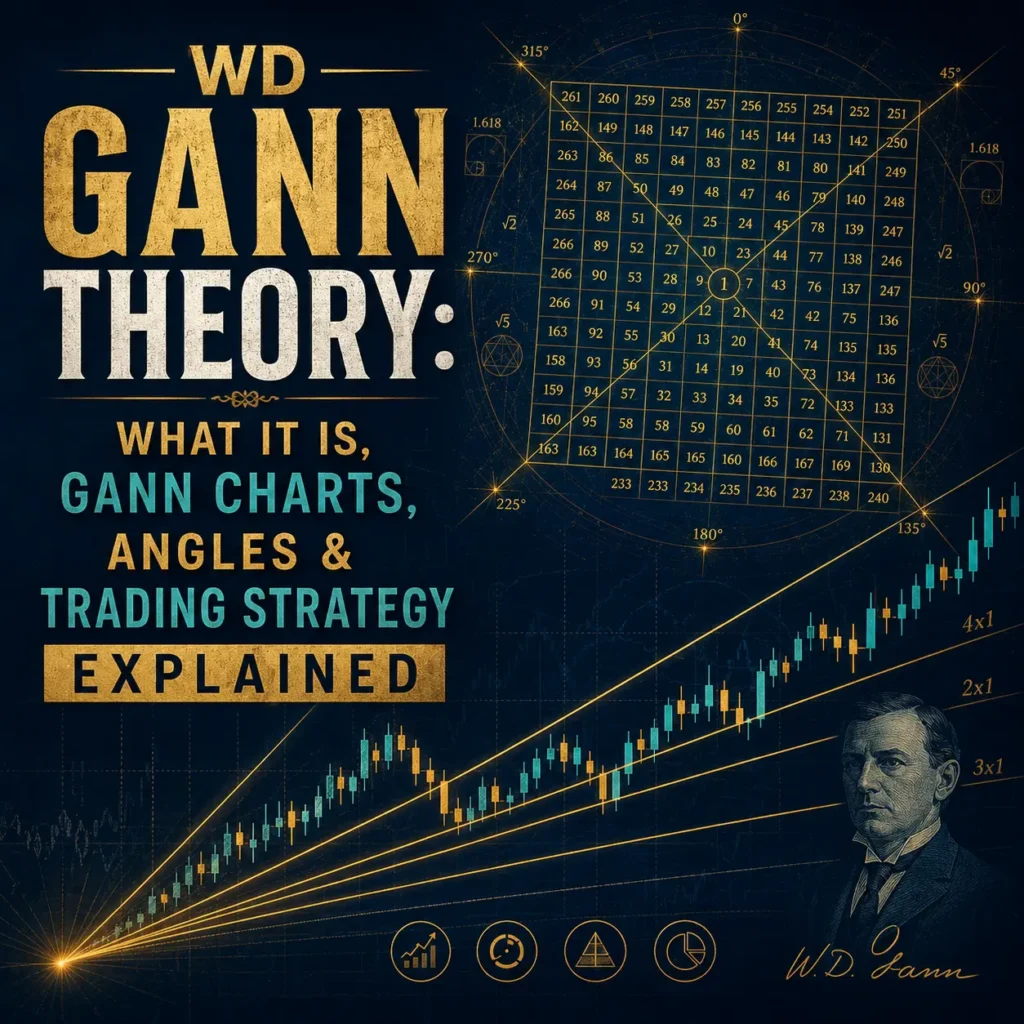 WD Gann Theory explained with Gann Charts, Gann Angles, Square of Nine, and trading strategy concepts illustrated through stock market charts and geometric analysis.