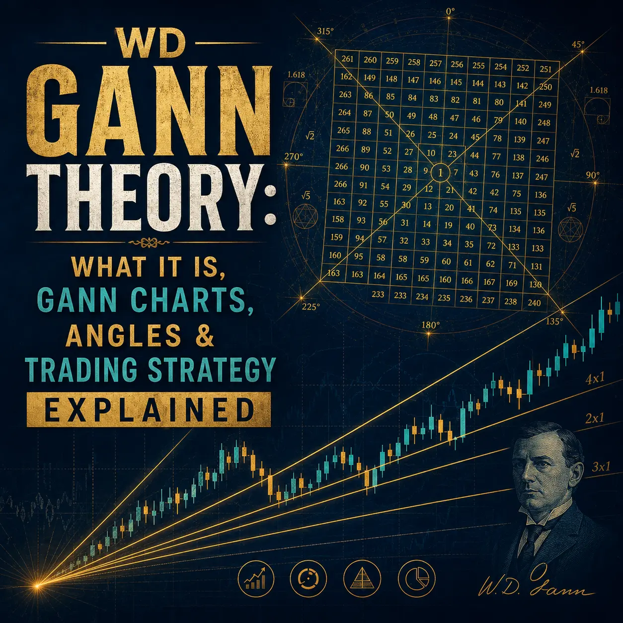 WD Gann Theory explained with Gann Charts, Gann Angles, Square of Nine, and trading strategy concepts illustrated through stock market charts and geometric analysis.