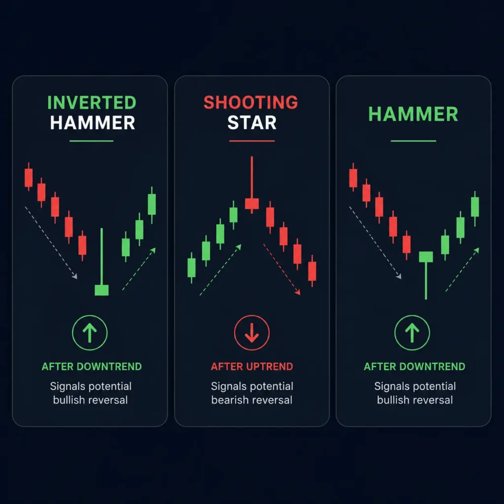 Side-by-side comparison of inverted hammer, shooting star, and regular hammer candlestick patterns