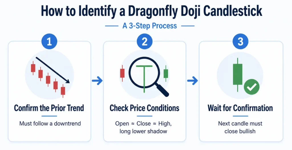 Three-step checklist to identify a dragonfly doji candlestick pattern