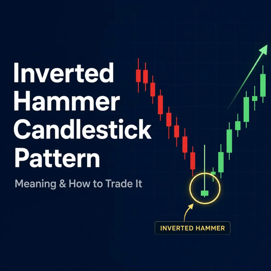 Inverted hammer candlestick pattern highlighted on a trading chart, showing a small body and long upper wick after a downtrend