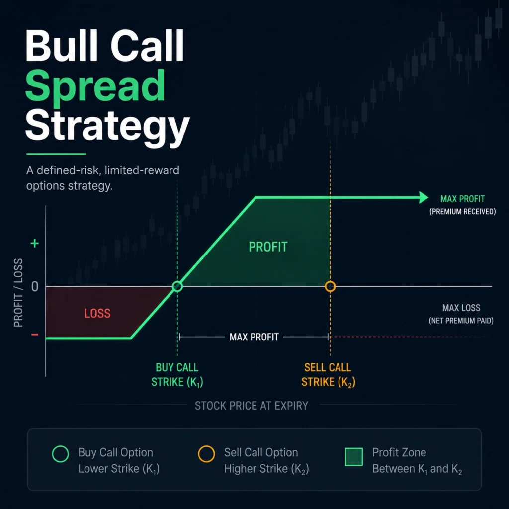 Bull Call Spread Strategy options payoff diagram showing a bought lower-strike call and sold higher-strike call, with the profit zone highlighted in green against a dark financial chart background.