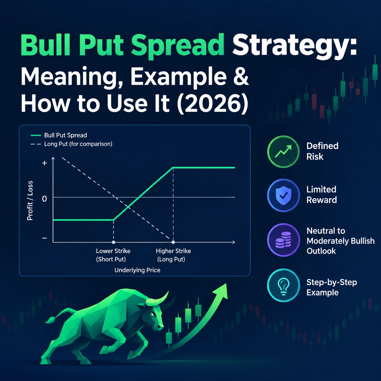 Bull Put Spread Strategy payoff chart showing limited profit, defined risk, and a moderately bullish outlook.